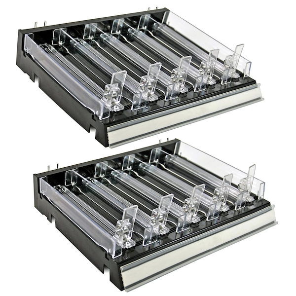Adjustable Short Divider Bin Cosmetic Tray w Pushers - Customize Slot Size to Product, Black, 2-Pack